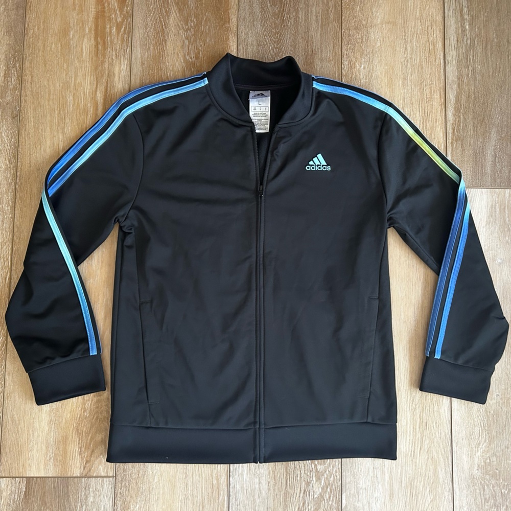 Adidas Black Jacket with Ombré Blue, Green, Yelllow Signature stripes